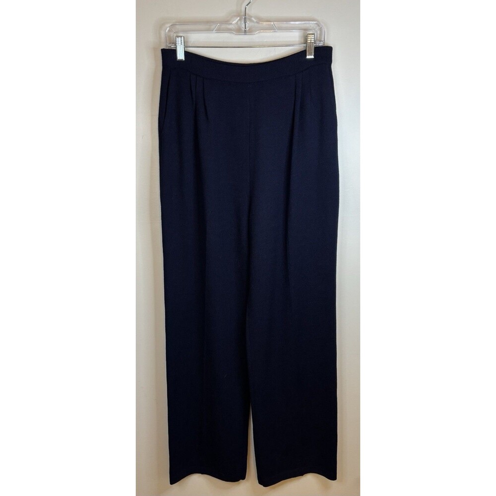 ST JOHN Collection Santana Navy Blue Ribbed Knit Pleated Pull On Pants Women 12